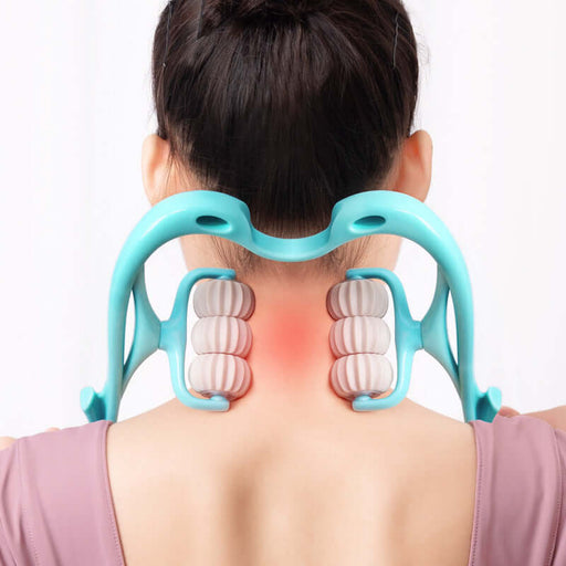 Woman using a multifunctional six-wheel neck massager for relaxing muscle relief and improved circulation.