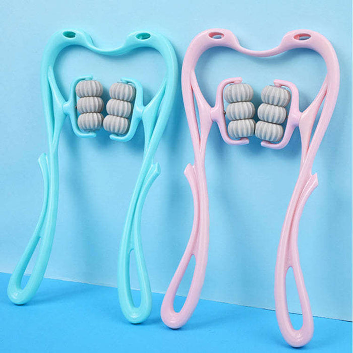 Multifunctional manual six-wheel neck massager in blue and pink colors for deep tissue relief and relaxation.