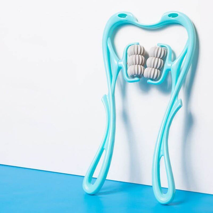 Light blue six-wheel neck massager tool for targeted deep tissue relief and relaxation